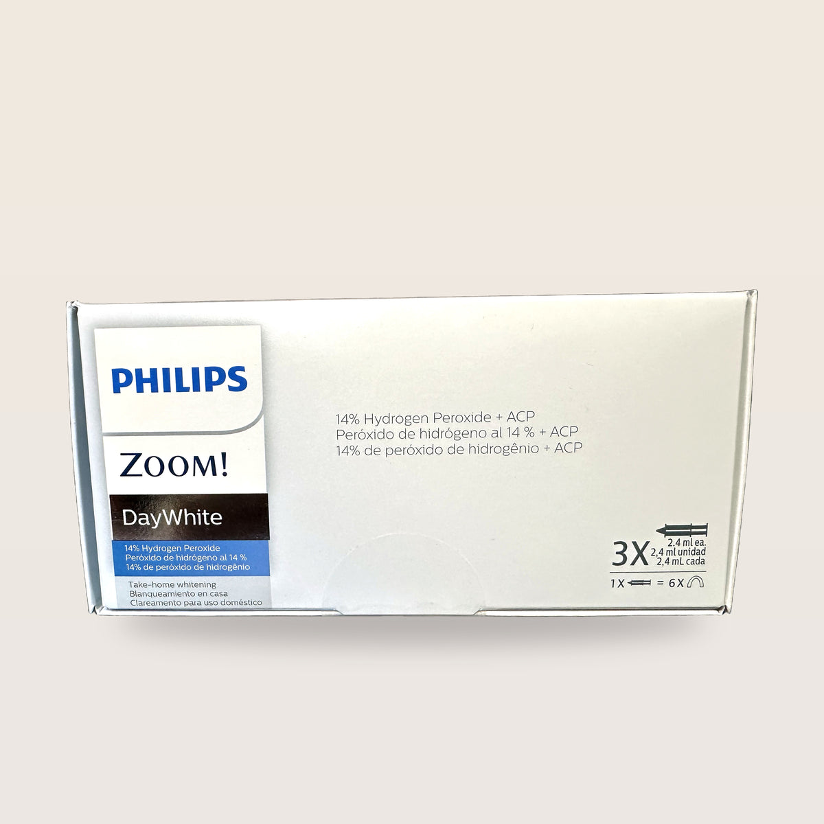 Philips Zoom DayWhite 14% hydrogen peroxide, 3 syringes - box front