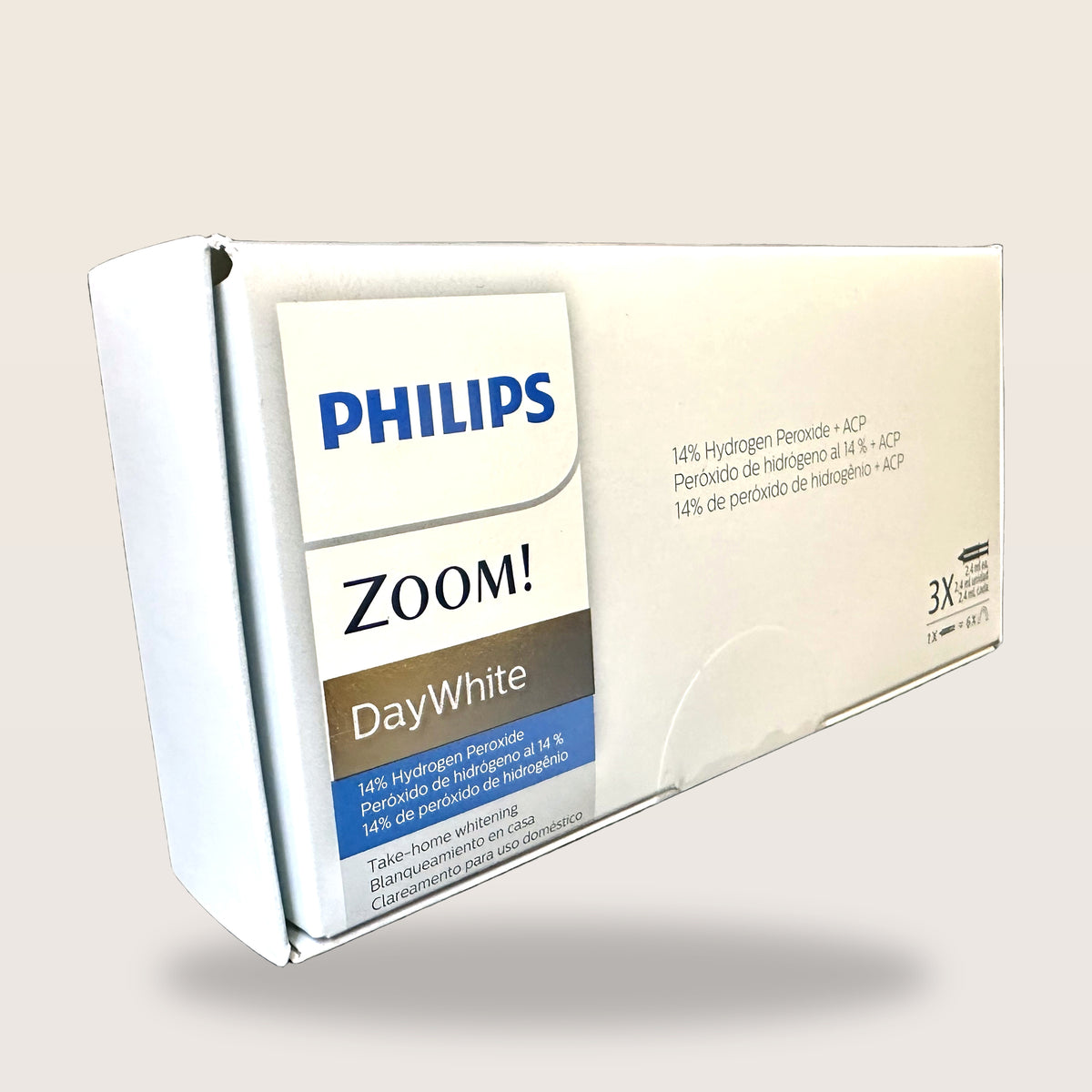 Philips Zoom DayWhite 14% hydrogen peroxide, 3 syringes - box angled