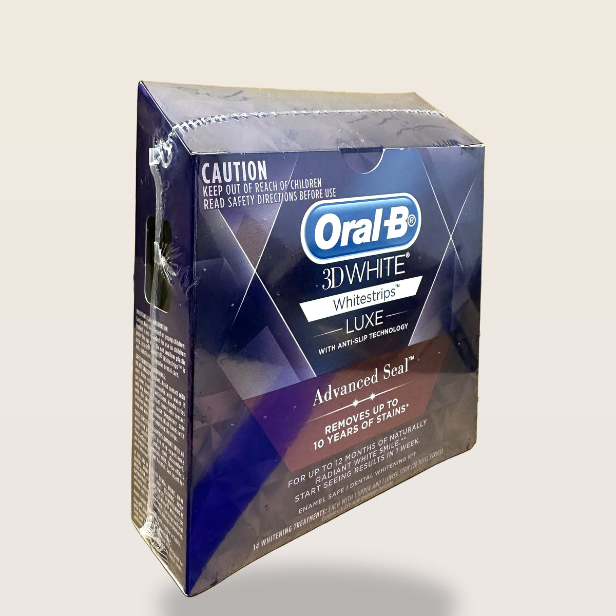 Oral-B 3D White Luxe Advanced Seal Whitestrips, 14 treatments - box angled
