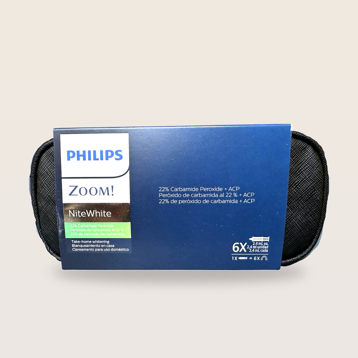 Philips Zoom NiteWhite 22% 6 syringes - box angle showing 6X 2.4 mL syringes