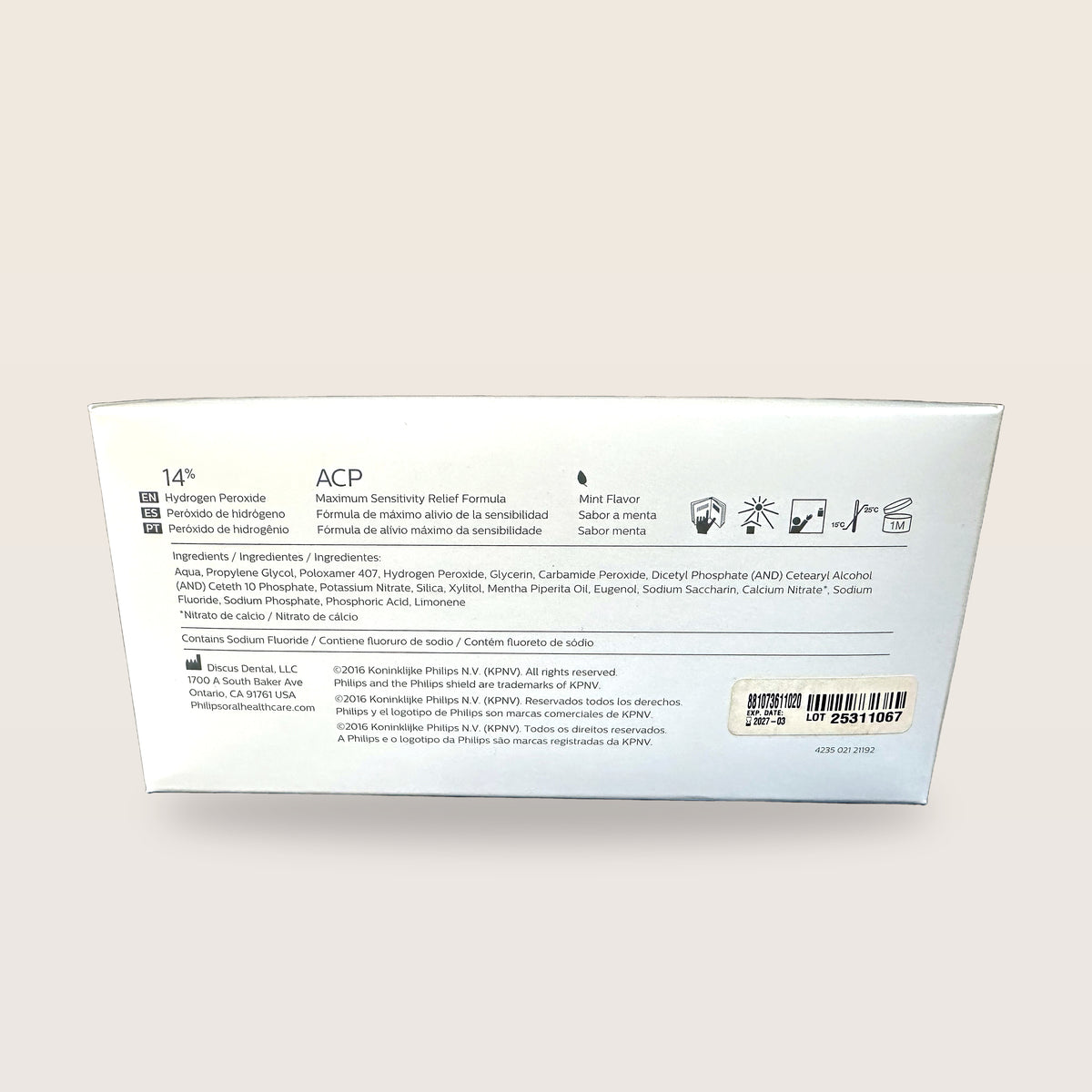 Philips Zoom DayWhite 14% hydrogen peroxide, 3 syringes - box back