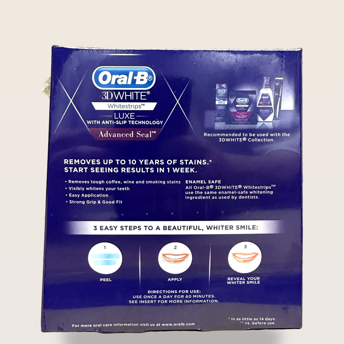 Oral-B 3D White Luxe Advanced Seal Whitestrips, 14 treatments - box back