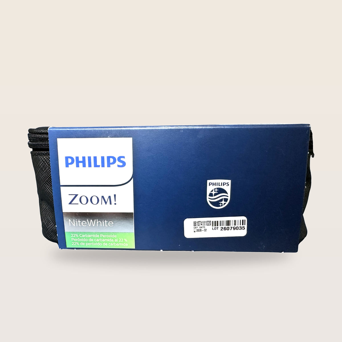 Philips Zoom NiteWhite 22% 6 syringes - box top with barcode, lot and expiry