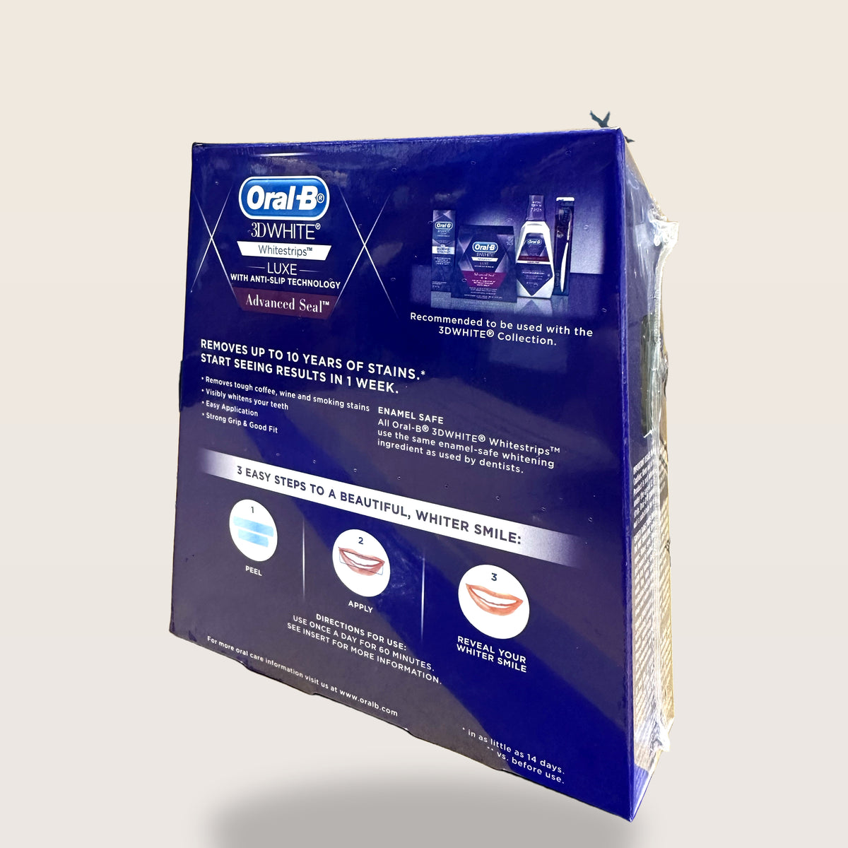 Oral-B 3D White Luxe Advanced Seal Whitestrips, 14 treatments - box angled back