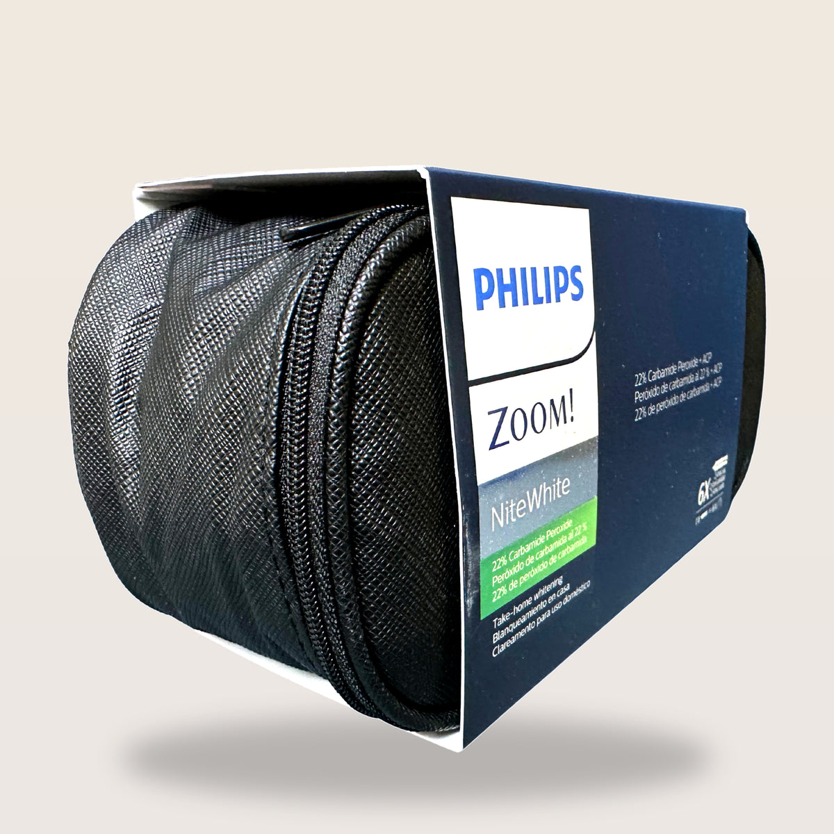Philips Zoom NiteWhite 22% 6 syringes - side angle with zip travel case