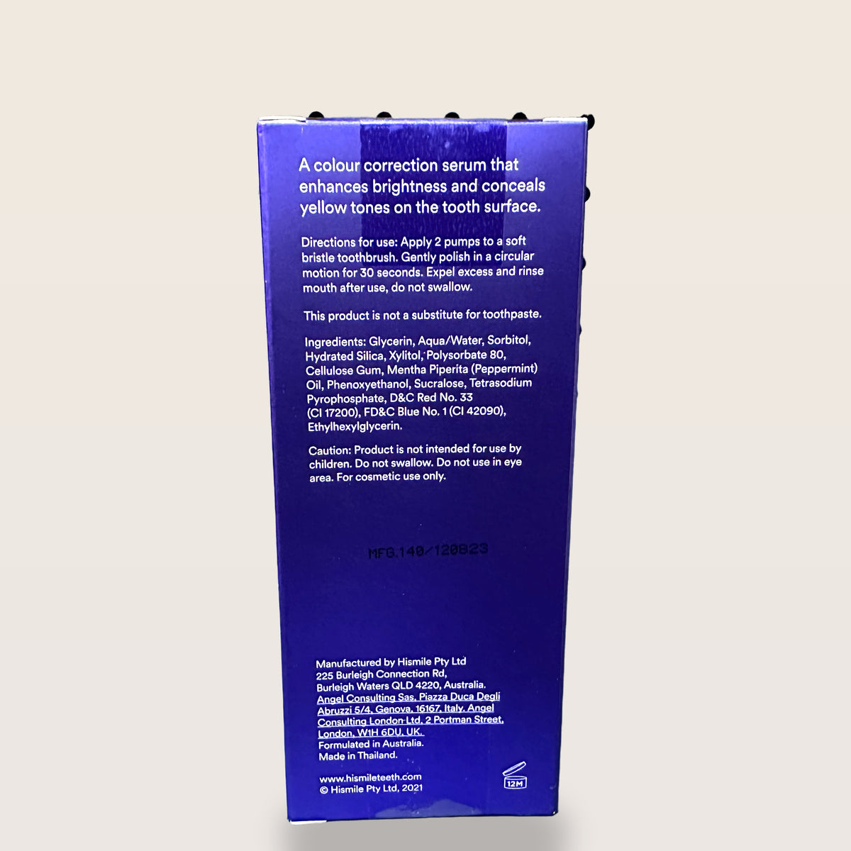 hismile v34 Colour Corrector Serum 30ml - box back with directions