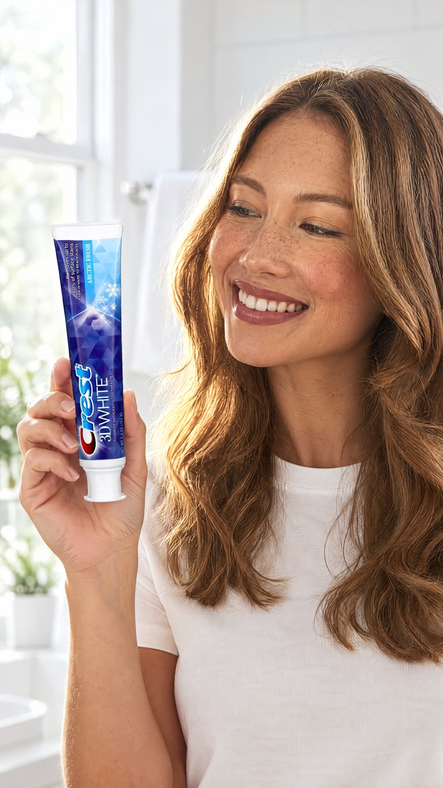 Crest, 3D White, Fluoride Anticavity Toothpaste, Artic Fresh, 153g — close-up with model