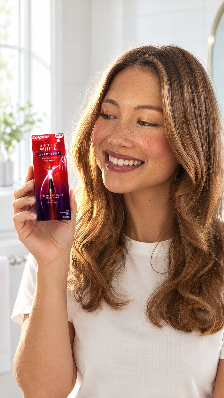 Colgate - Made in USA Colgate Optic White Overnight Serum — close-up with model