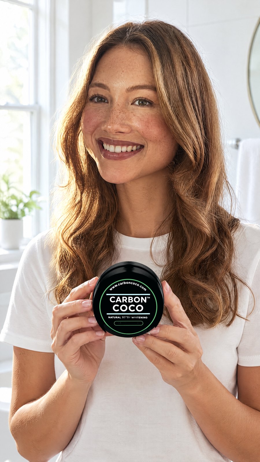 Carboncoco Activated Charcoal Tooth Polish ( Sweet Mint ) — held by model