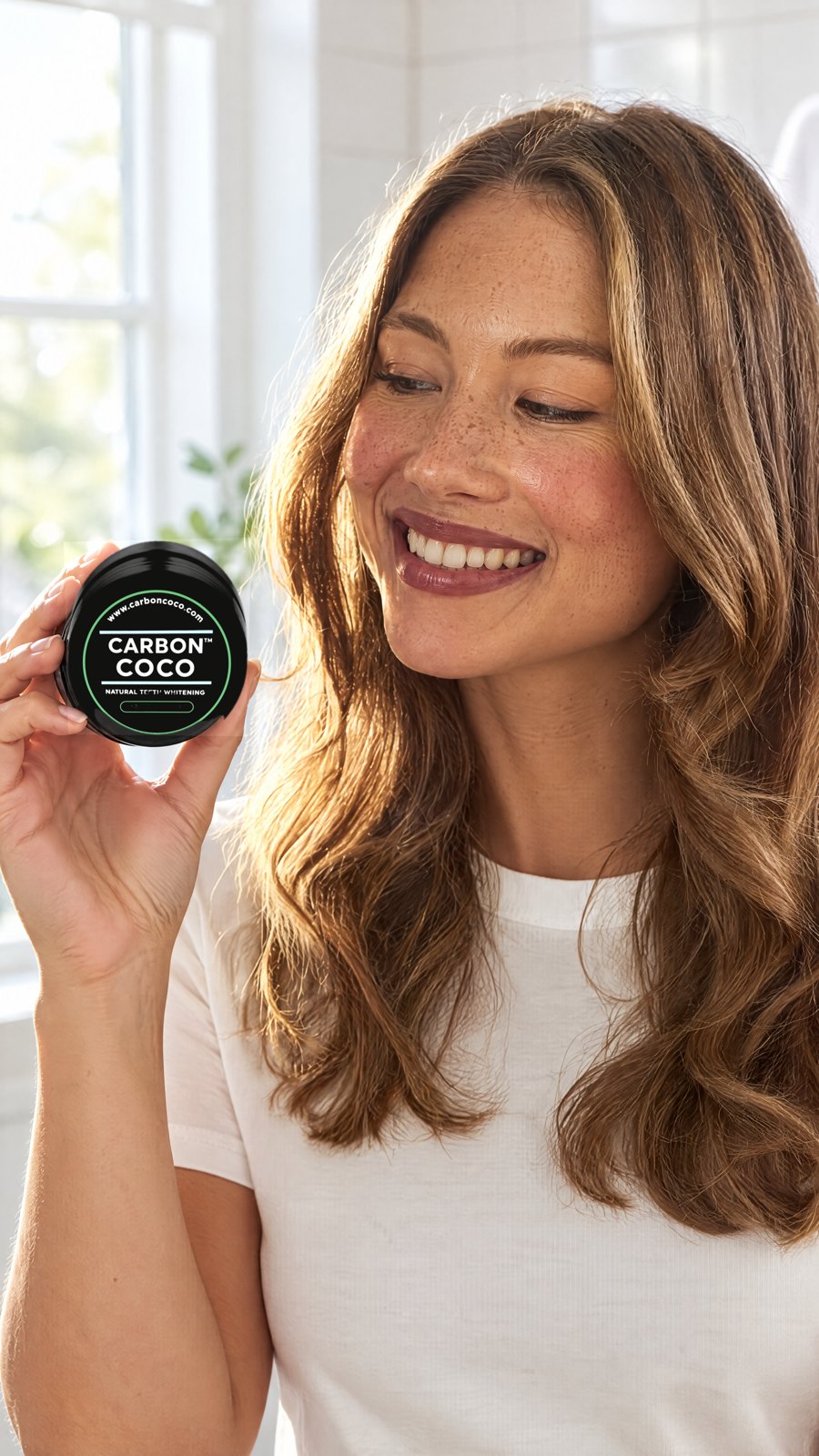 Carboncoco Activated Charcoal Tooth Polish ( Sweet Mint ) — close-up with model