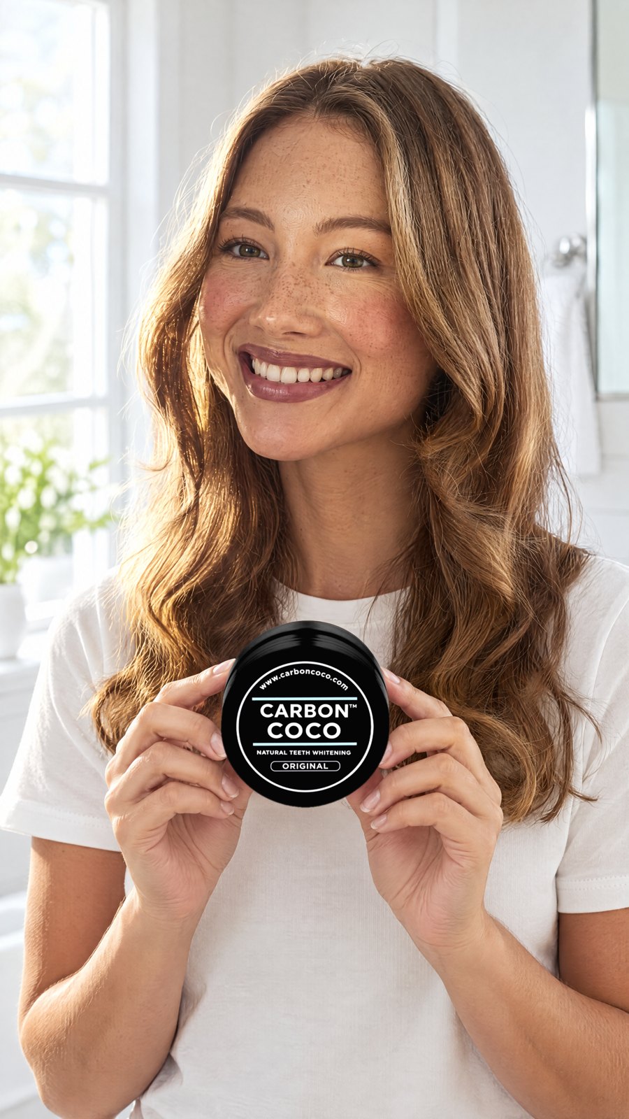 Carboncoco Activated Charcoal Tooth Polish (original) — held by model