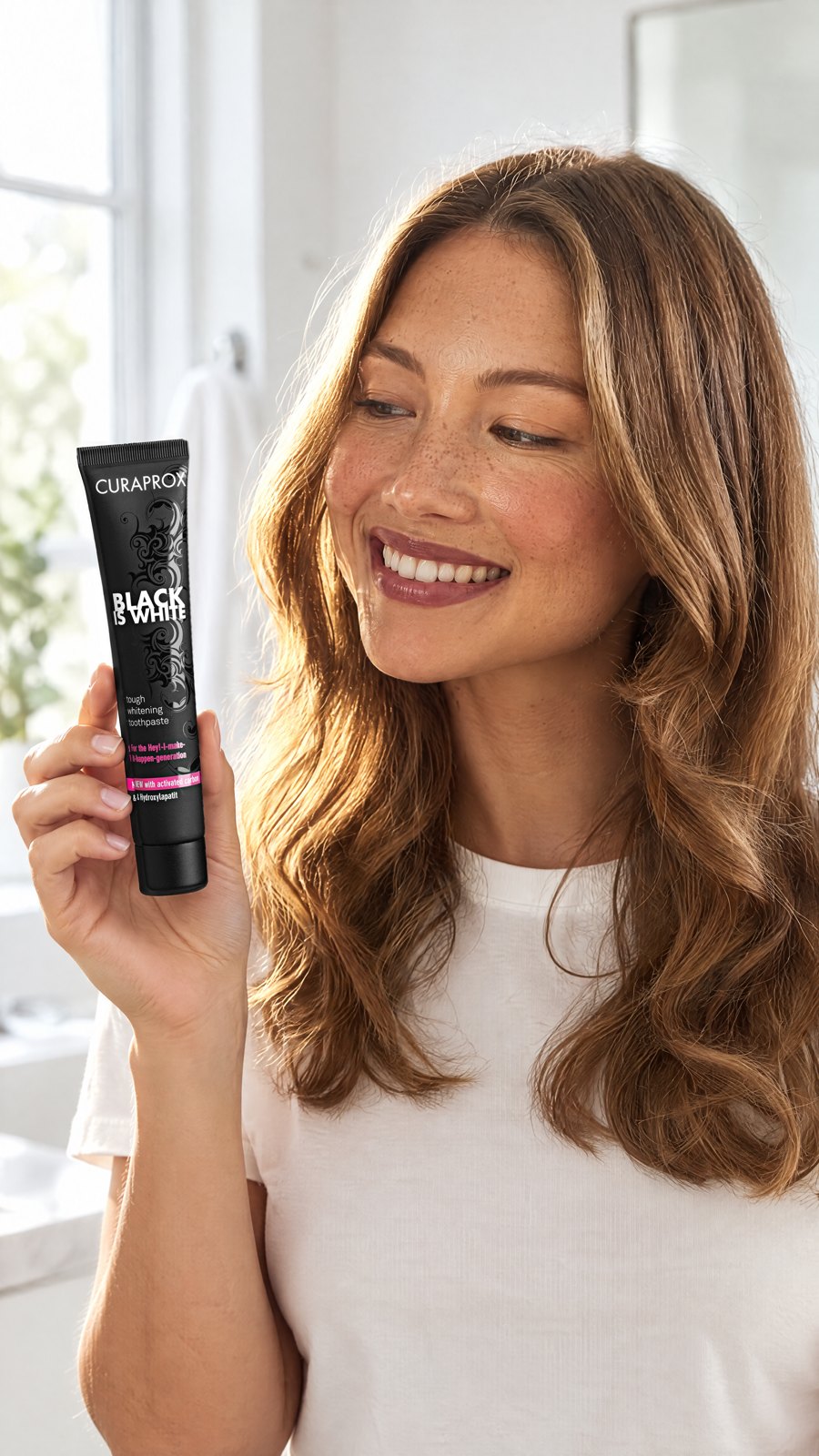 CURAPROX Black is White Activated Carbon Toothpaste 90ml, Made in Switzerland — close-up with model