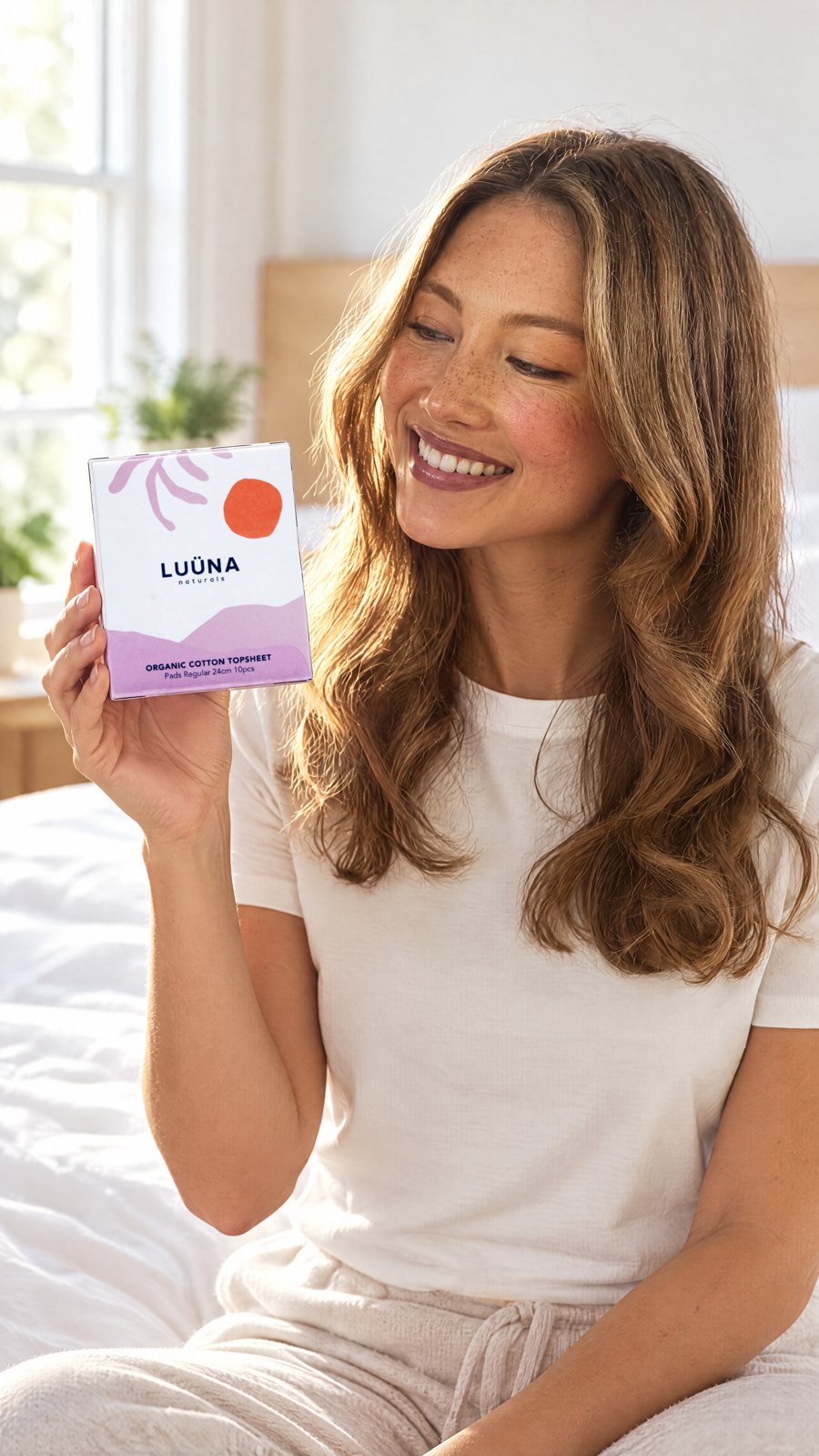 Luuna - Organic Cotton Topsheet Regular 24cm 10 pcs x 1 — close-up with model