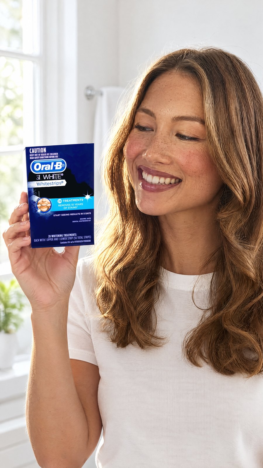 Oral B 3D White Strips 28 Teeth Whitening Treatments — close-up with model