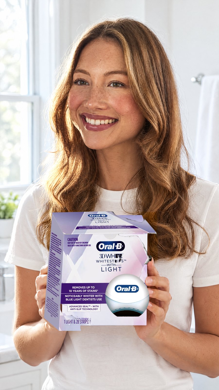 Oral B 3D White Strips Teeth Whitening 14 Treatments + LED Light Kit — held by model