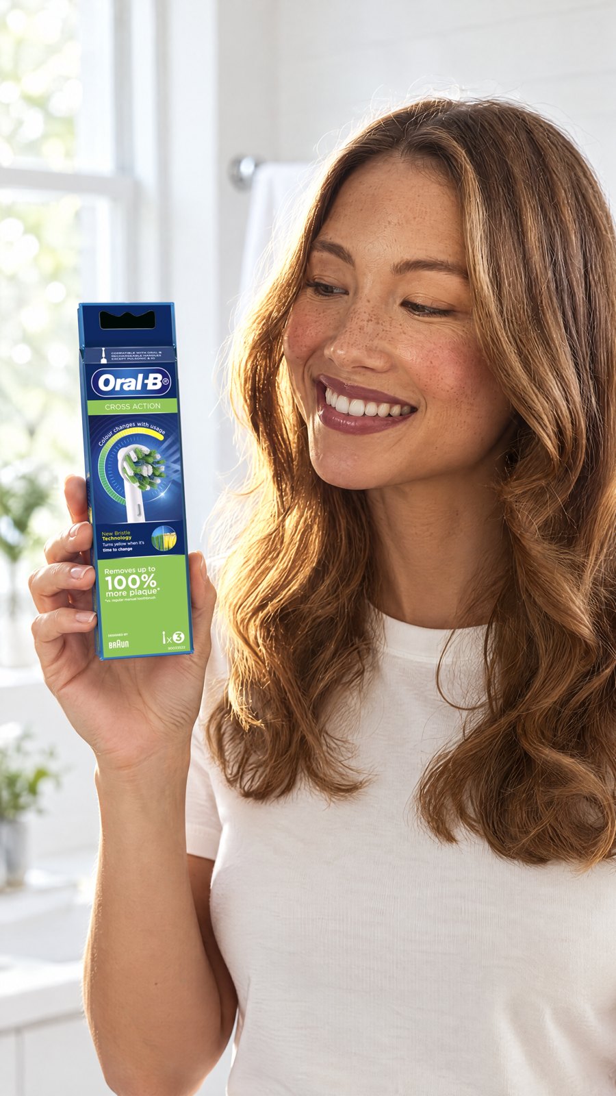 Oral B Power Toothbrush Cross Action Refills Rainbow 3 Pack — close-up with model