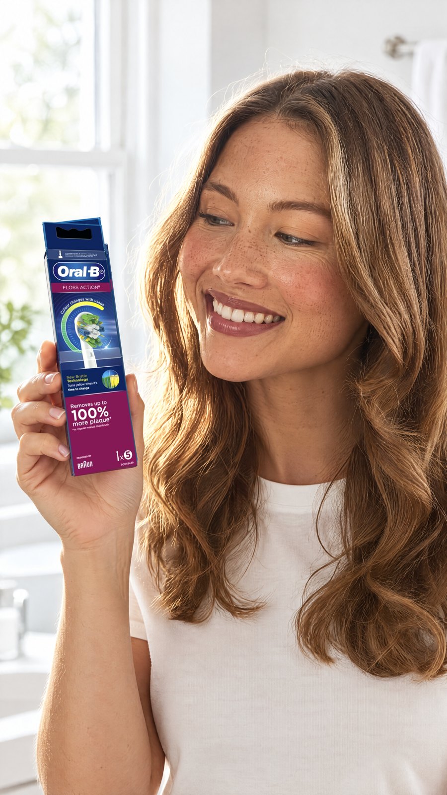 Oral B Power Toothbrush Floss Action Refills 5 Pack — close-up with model
