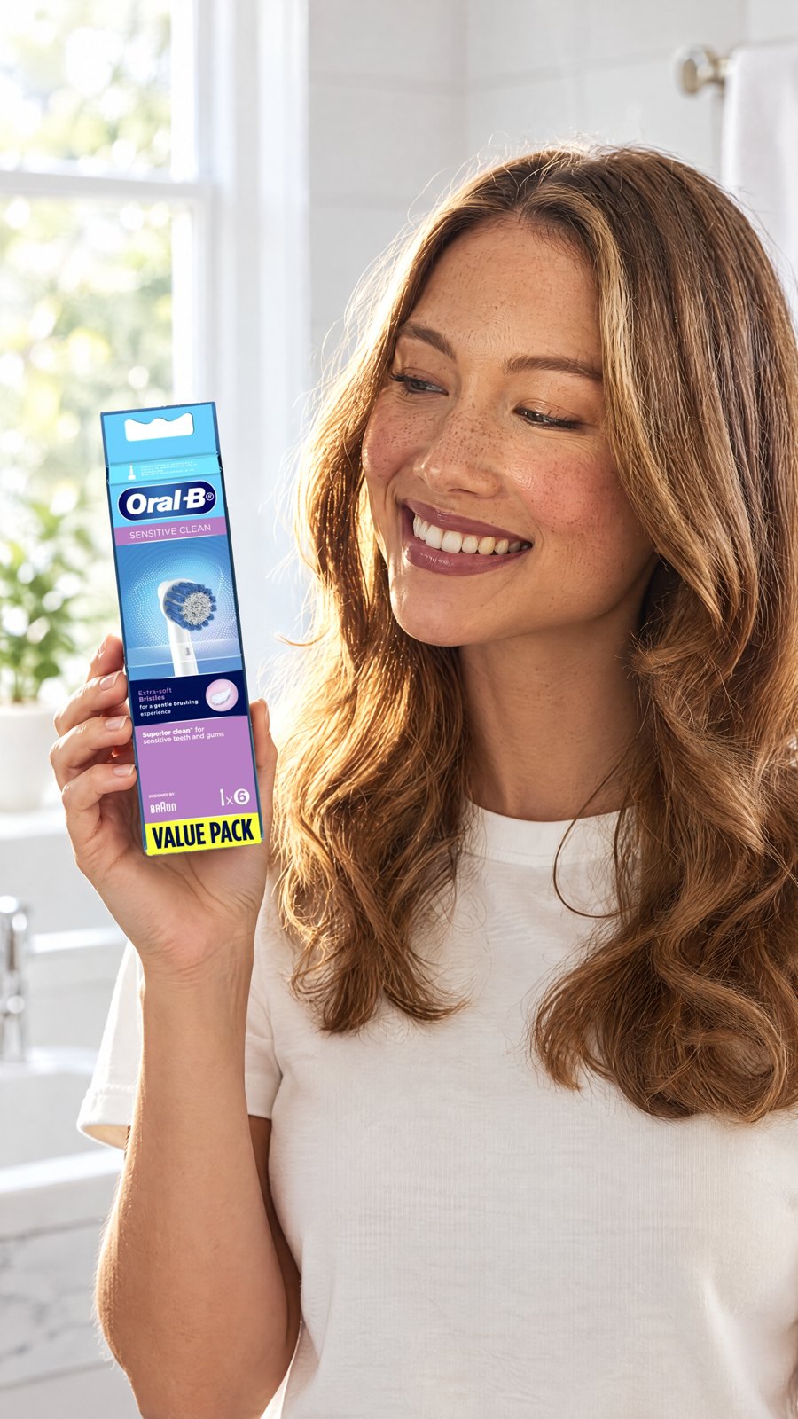 Oral B Power Toothbrush Clean Sensitive Refills 6 Pack — close-up with model