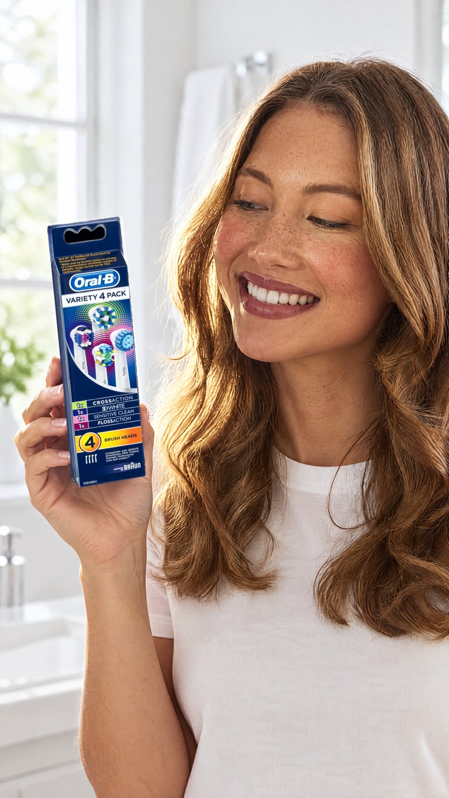 Oral B Power Toothbrush Variety Refills 4 Pack — close-up with model