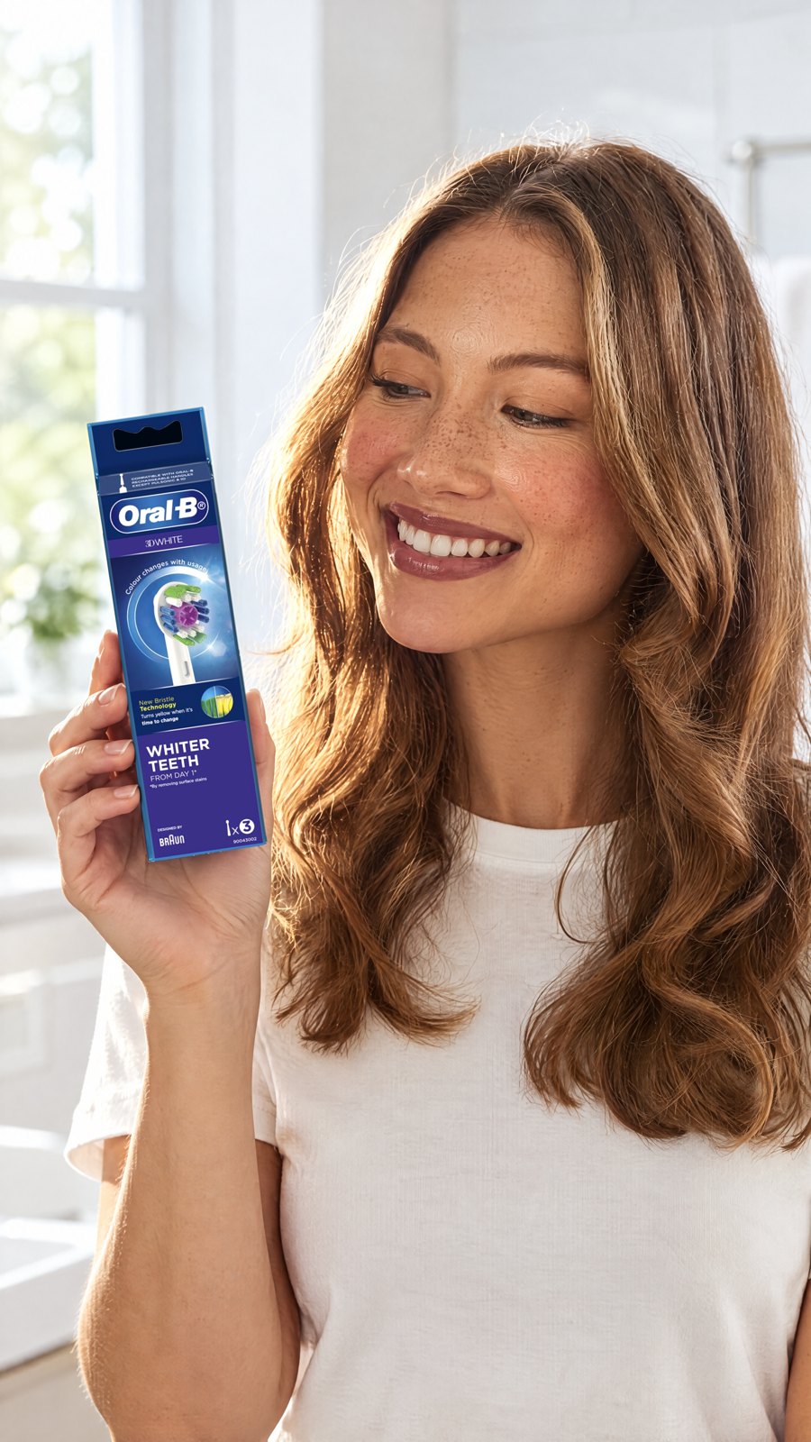 Oral B Power Toothbrush 3D White Refills 3 Pack — close-up with model