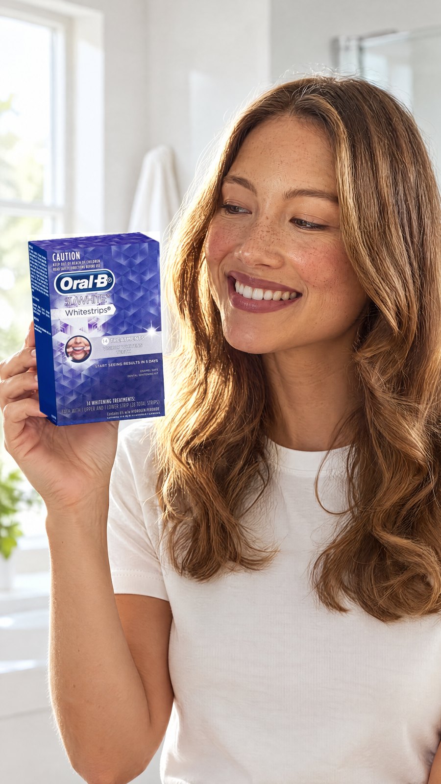 Oral B 3D White Strips 14 Teeth Whitening Treatments — close-up with model