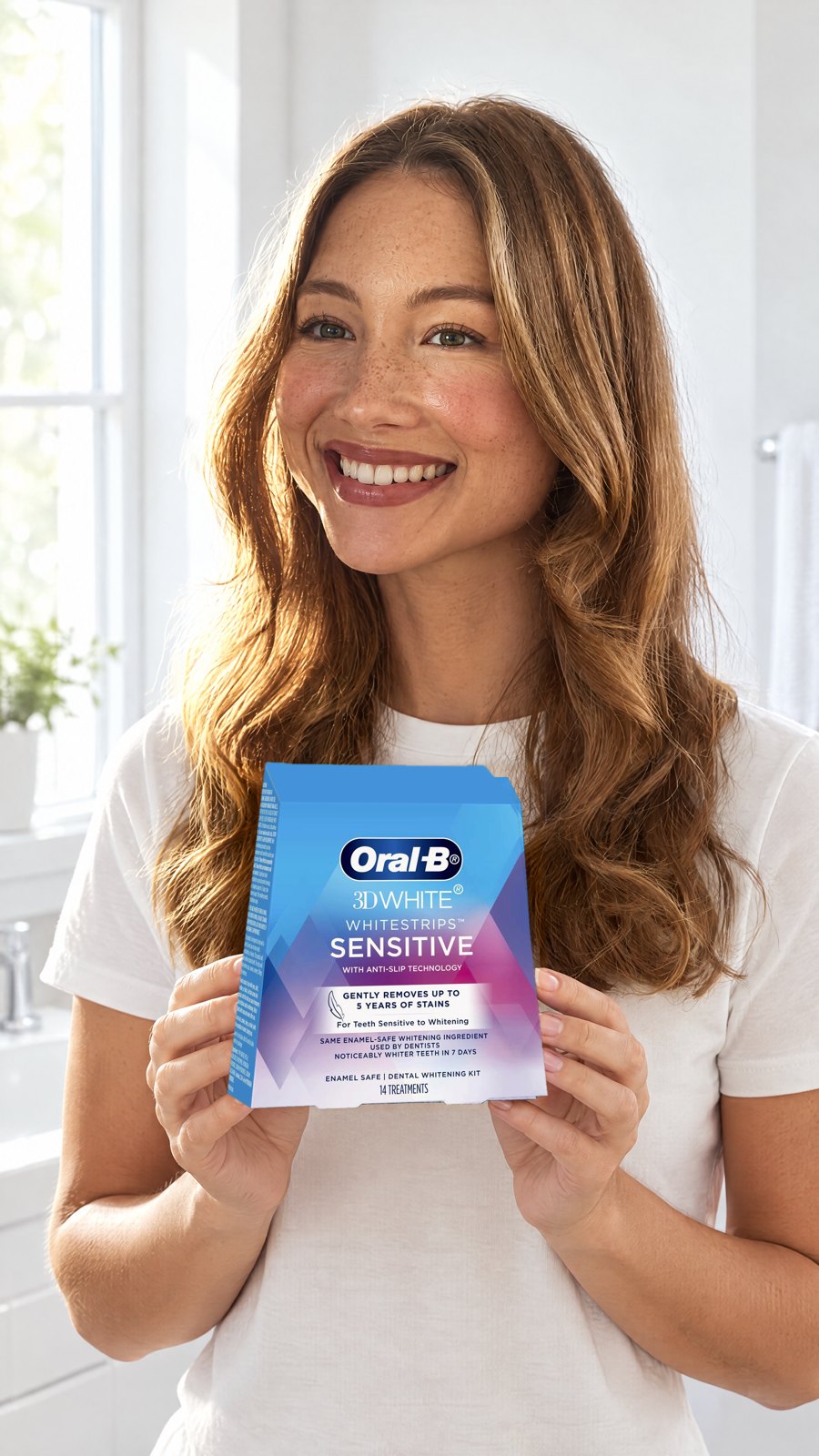 Oral B 3D White Whitening Strips Sensitive 14 Pack — held by model