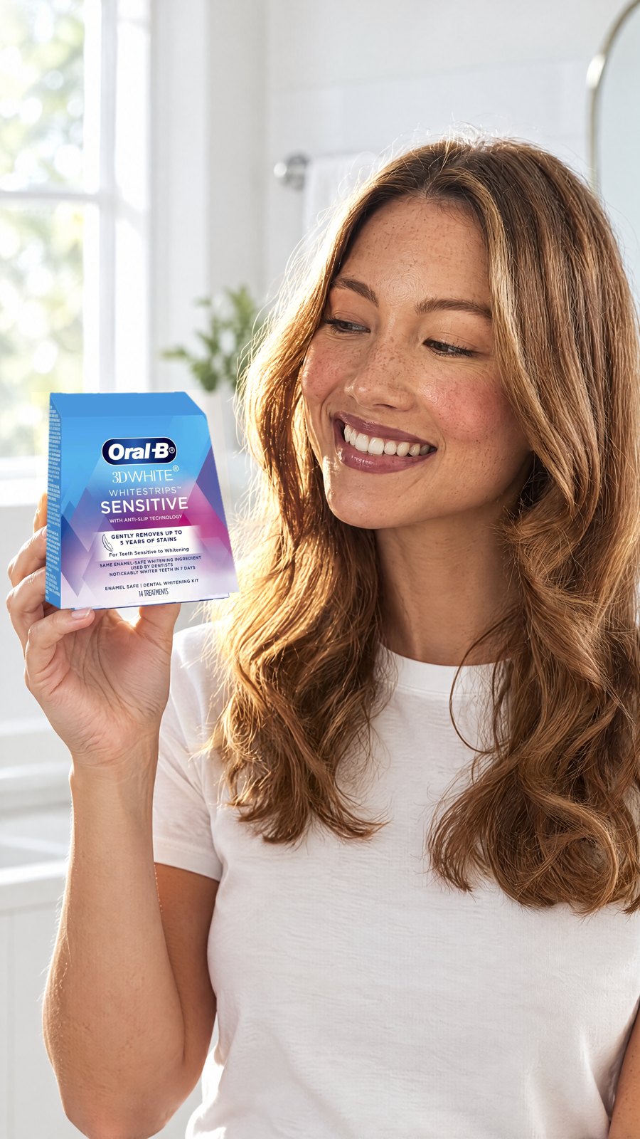 Oral B 3D White Whitening Strips Sensitive 14 Pack — close-up with model