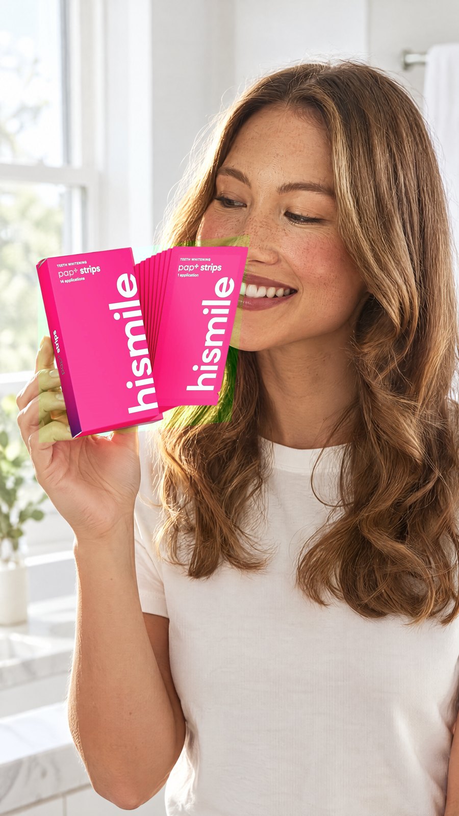 hismile - PAP+ Teeth Whitening Strips 14 Pack — close-up with model