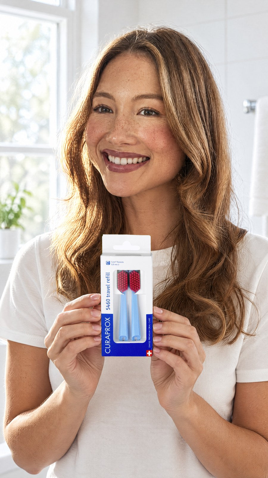 CURAPROX CS 5460 Travel Refill Brush Heads for Travel Toothbrush (Twin Pack, Random Colour) — held by model