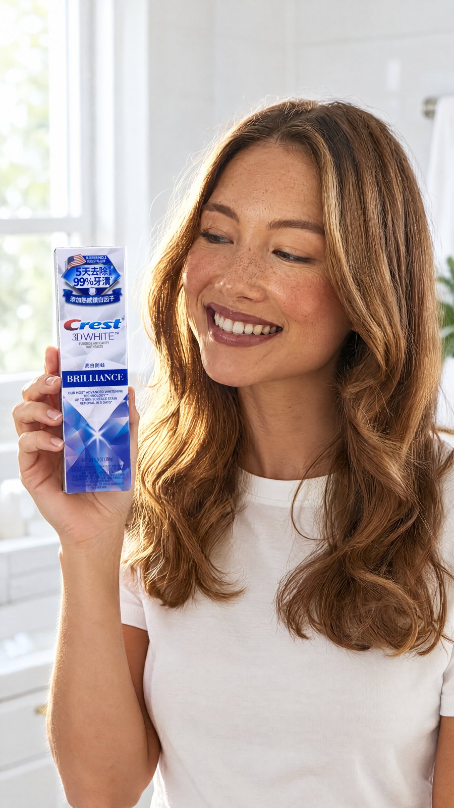 Crest - 3D White Brilliance toothpaste - Blue 110g — close-up with model