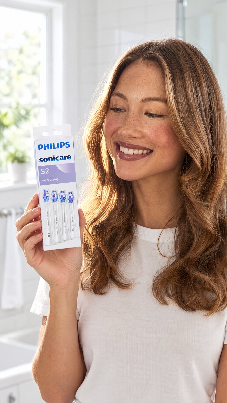 PHILIPS - Sonicare S2 Sensitive 4-pack brush heads HX6054/85 — close-up with model