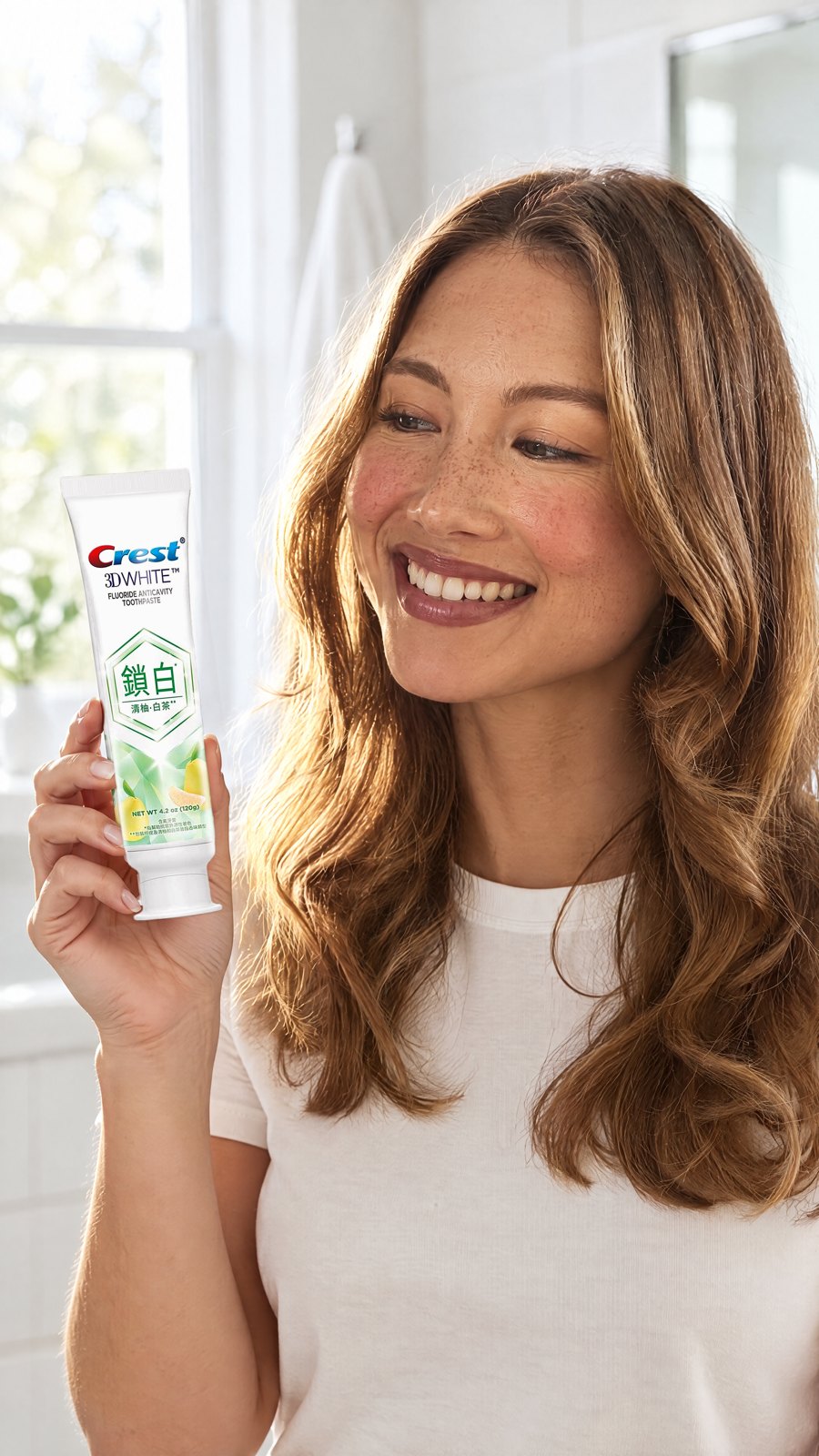 Crest - toothpaste Whitelock - Pomelo 120g — close-up with model