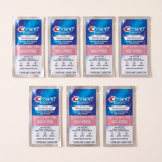 Crest 3D White Gentle Routine, 7 pouches, flat lay
