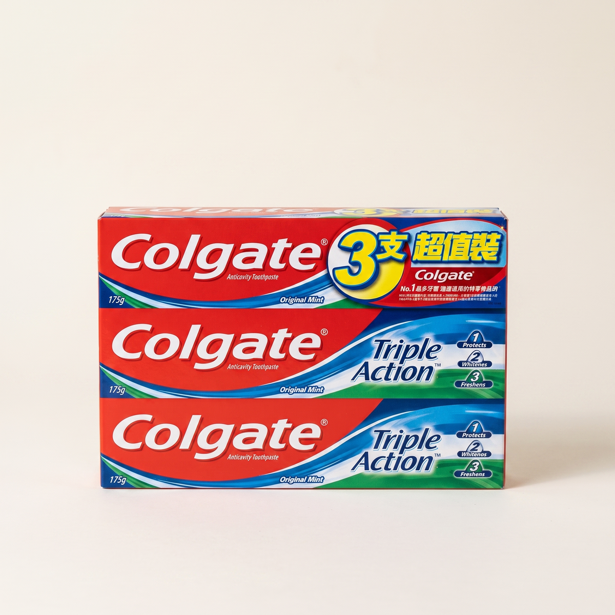 Colgate Triple Action toothpaste 175g x3, studio