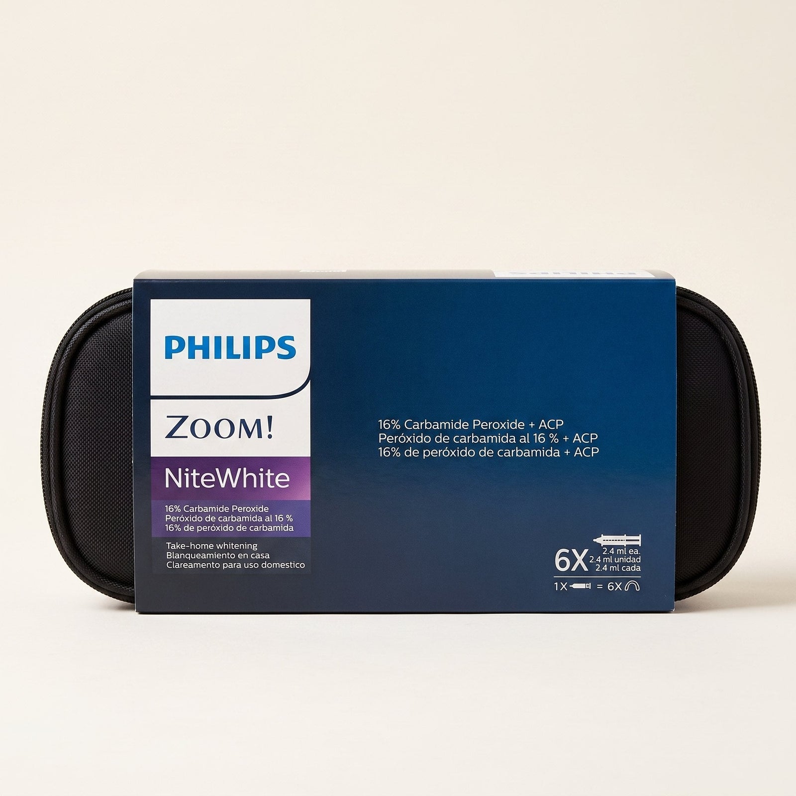 Philips Zoom NiteWhite 16% six-syringe kit box with travel pouch